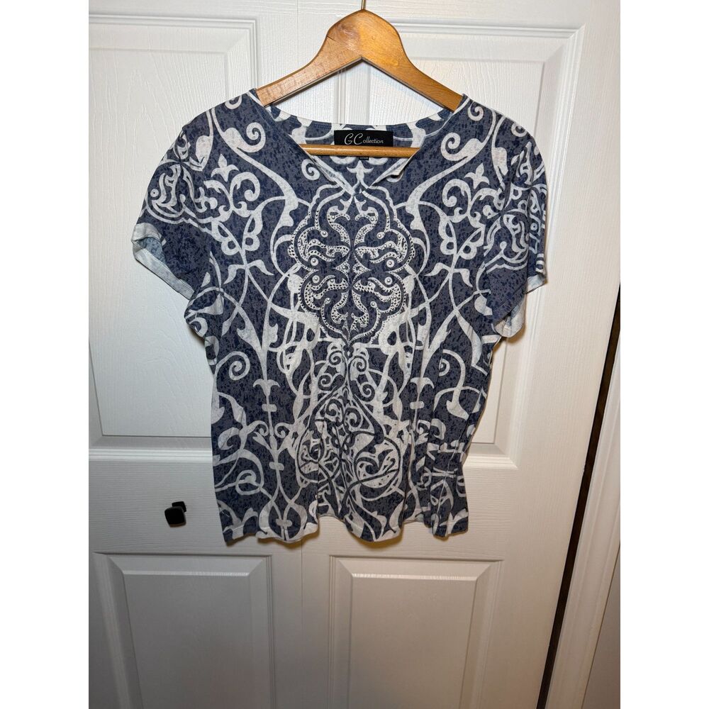 G Collection Women's XL Blue White Scroll Print Embellished Stretch Top